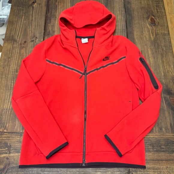 Nike Tech Fleece Full Zip Hoodie Mens Large Red Black CU4489-657 Jacket